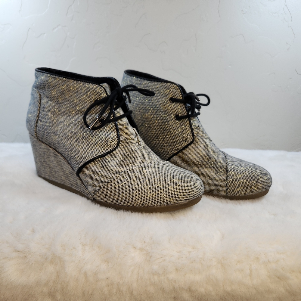 TOMS Desert Wedge | Size 9.5 | Linen Metallic Accents 3" Cork Heel - Picture 1 of 16